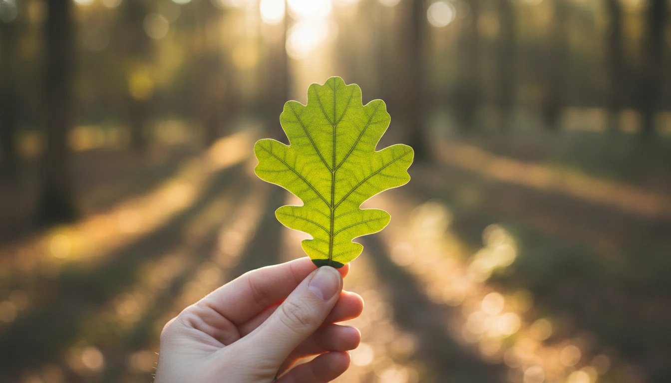A hand holding a single bright green oak leaf up to the light in a woodland setting