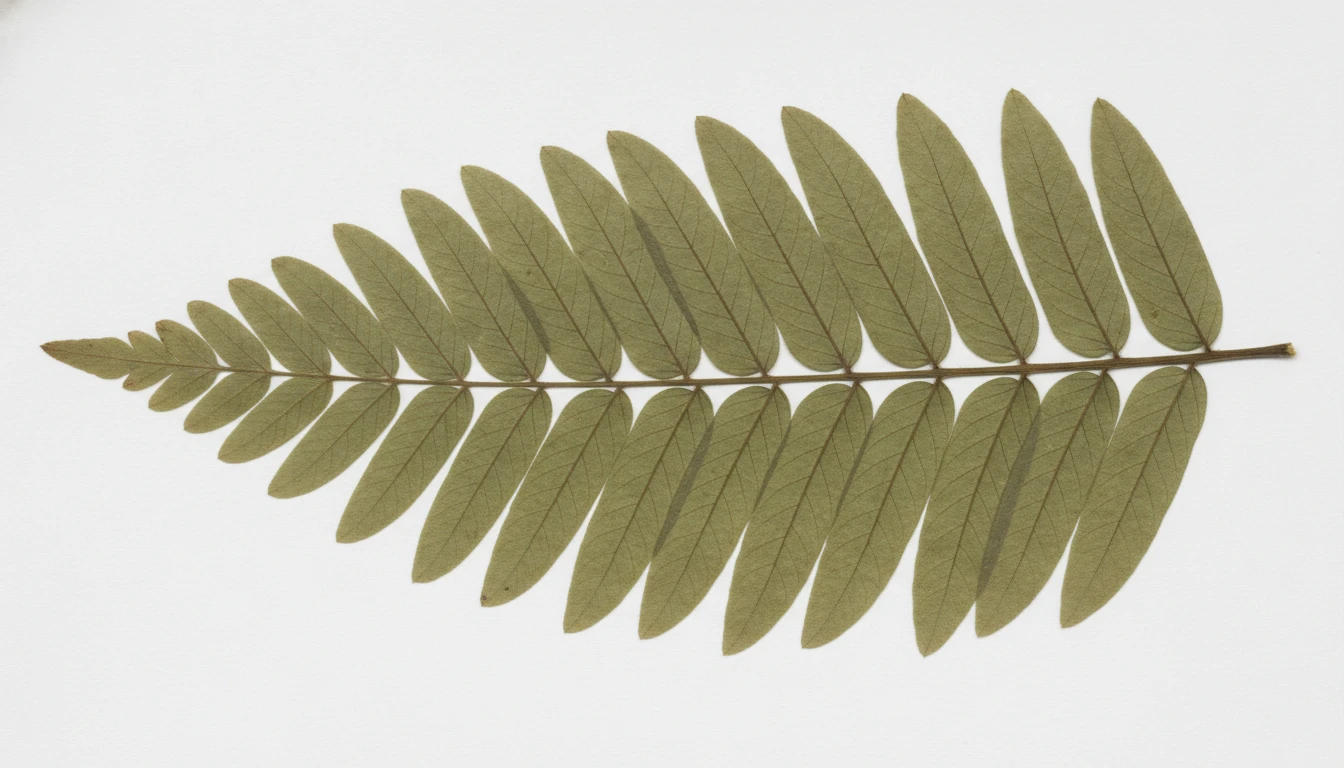 A pressed herbarium specimen of a compound leaf with clearly visible venation and leaflet arrangement