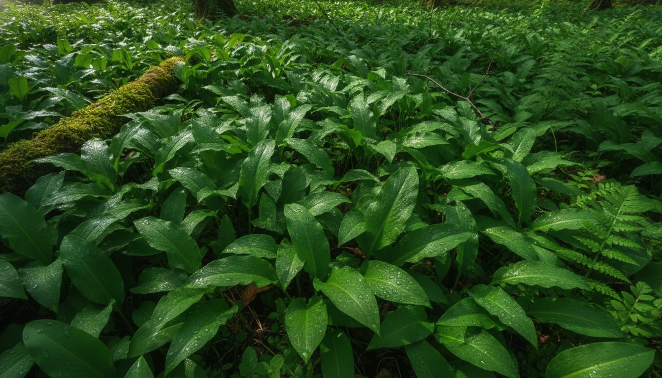 A clear close-up of wild garlic leaves on a forest floor with the broad lanceolate leaves visible