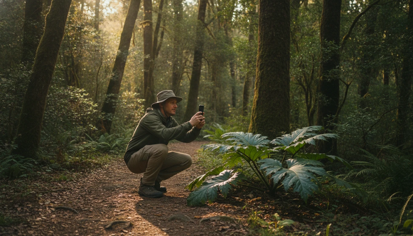 A hiker crouching on a forest trail photographing a large leaf with their phone