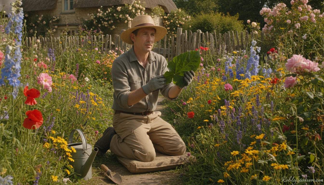 A gardener kneeling in a sunny border examining an unfamiliar leaf closely