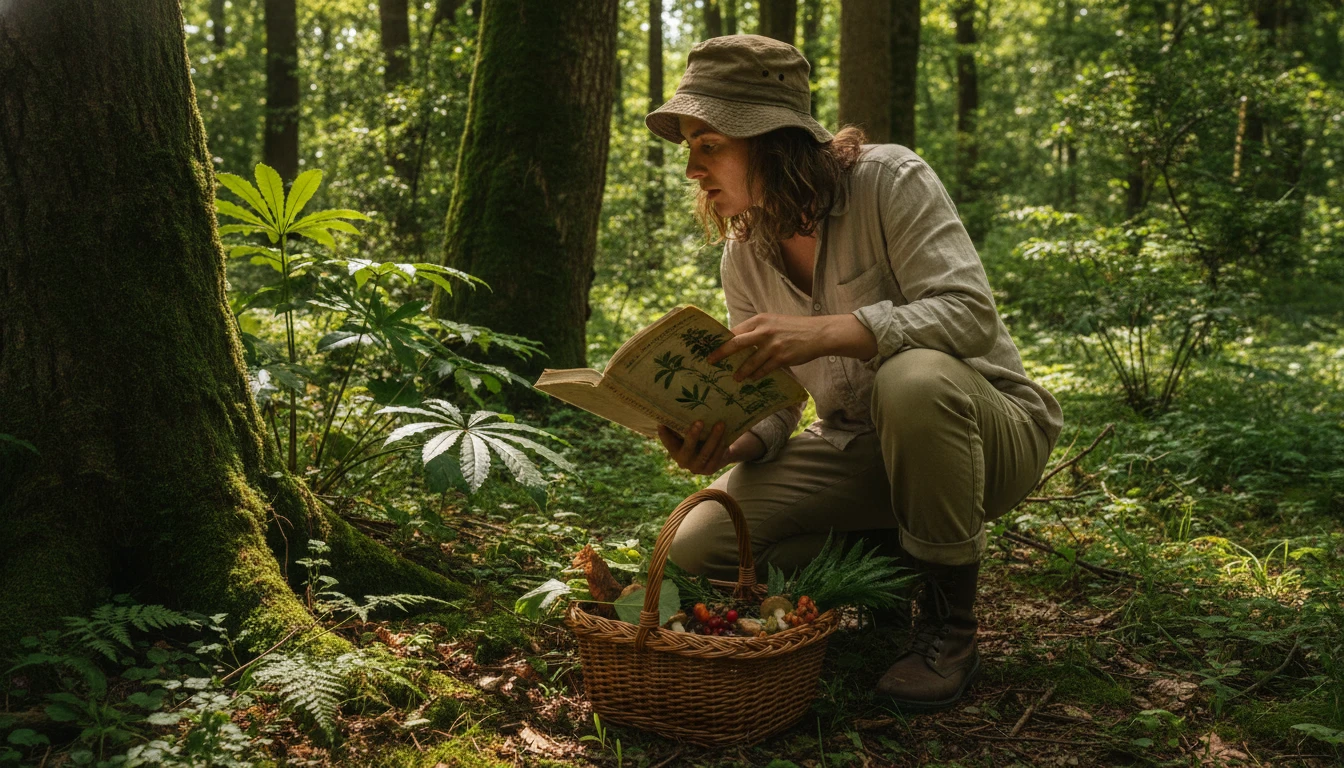 A forager examining leaves in a woodland beside a wicker basket and field guide