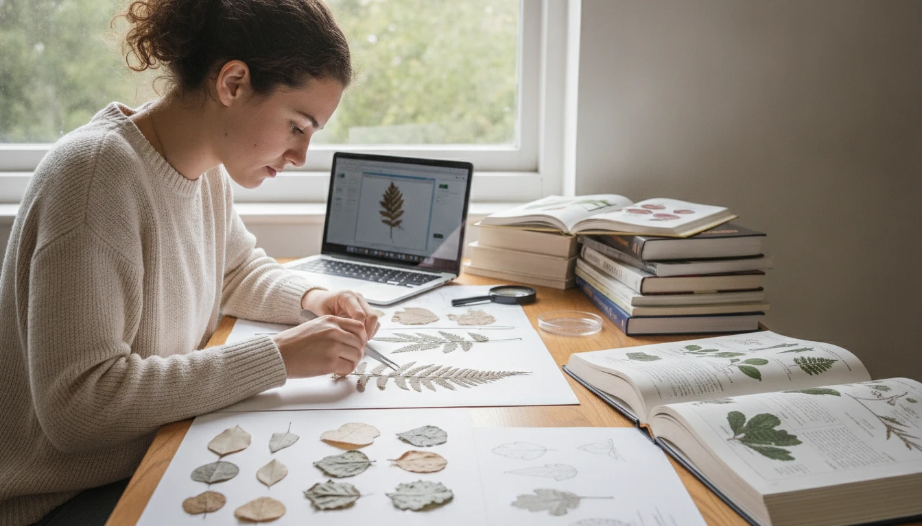 A student at a desk with a laptop and a collection of pressed leaves from a field trip