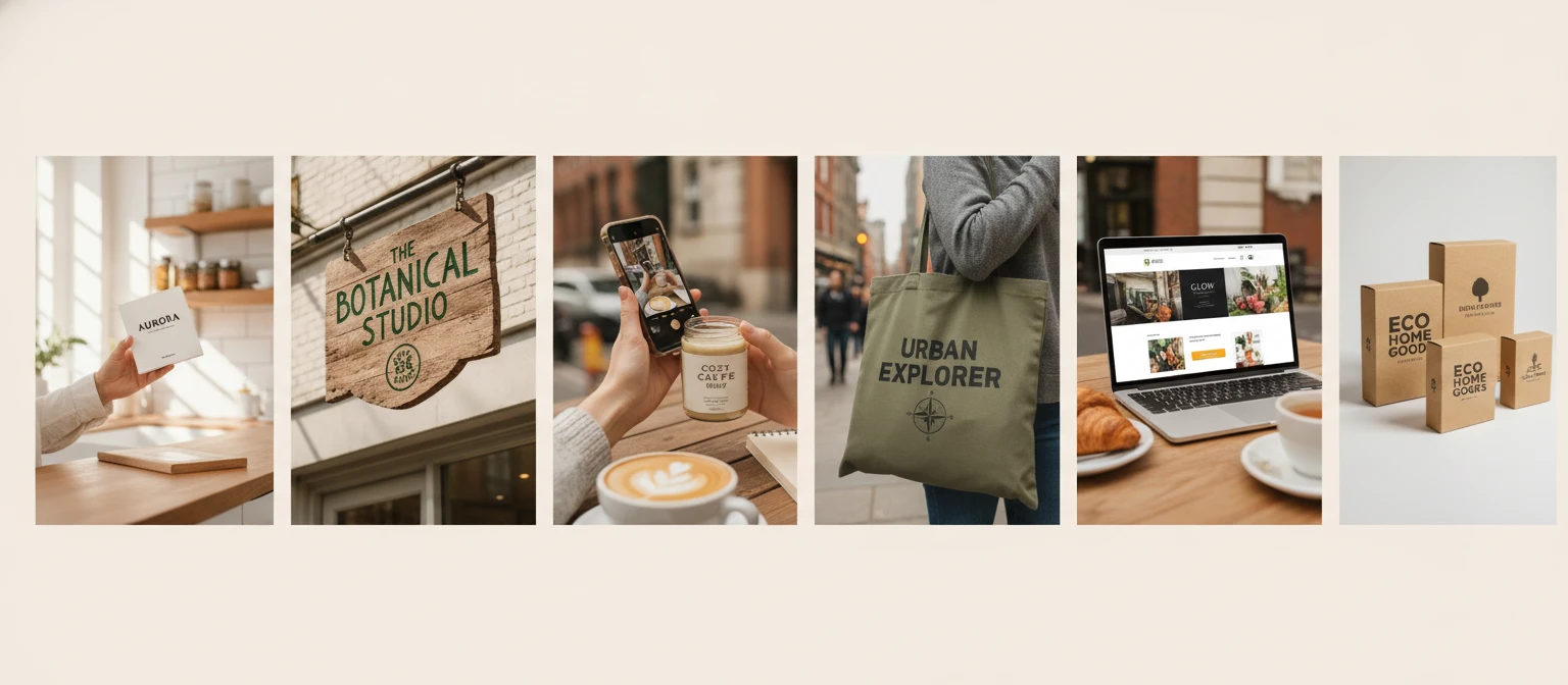 Wide editorial collage of diverse brand logos on products, packaging, signage, and screens being analysed