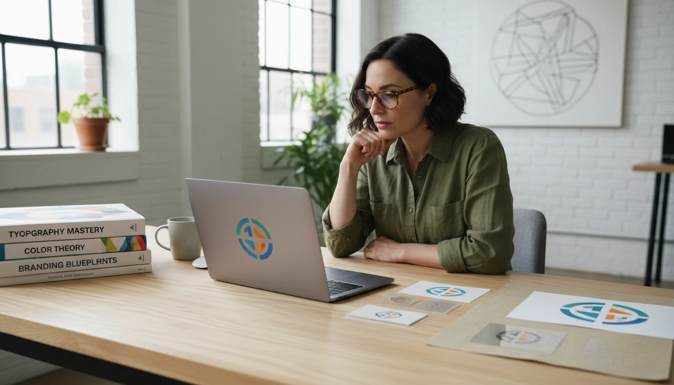 Graphic designer at a desk analysing the visual design of a brand logo in detail on a laptop with design references nearby
