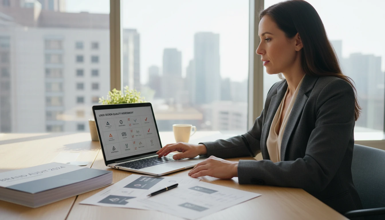 Brand strategist at a desk reviewing a logo design quality assessment on a laptop for a brand audit