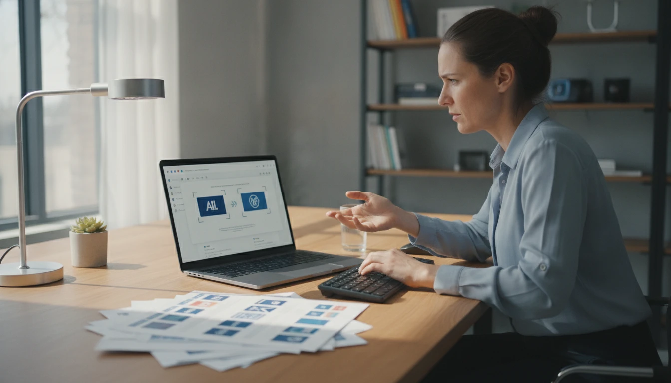 Researcher at a desk comparing similar brand logos using an AI identification tool on a laptop to distinguish between them