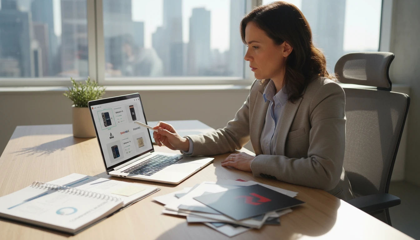 Marketing manager at a desk using an AI logo tool to research competitor branding from product images on a laptop