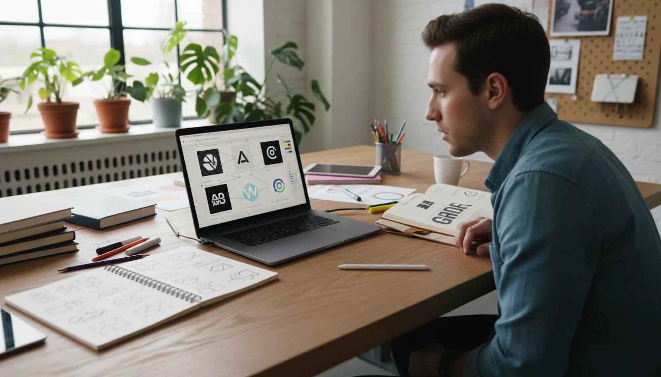 Design student at a desk studying logo design by using an AI analysis tool to analyse well-known brand marks on a laptop