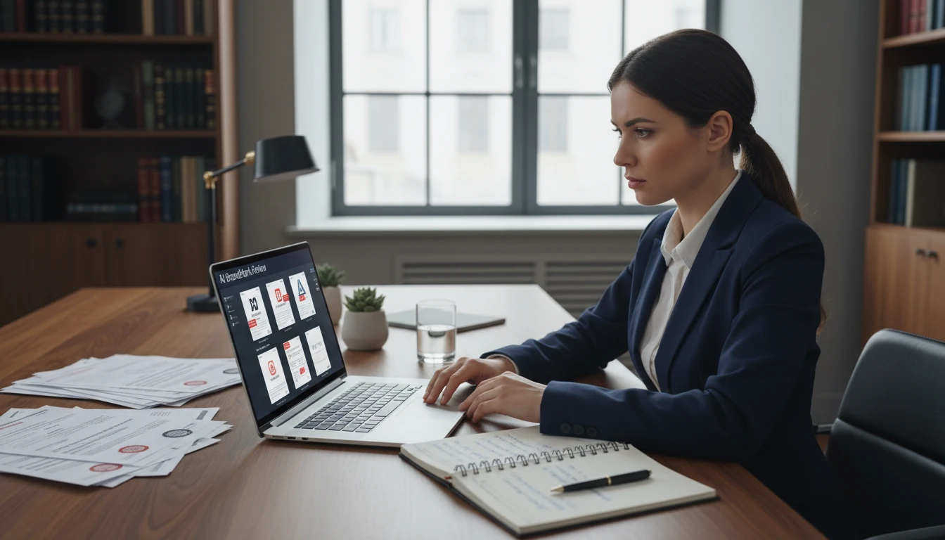 Legal professional at a desk using an AI logo identification tool to review brand marks in documents on a laptop