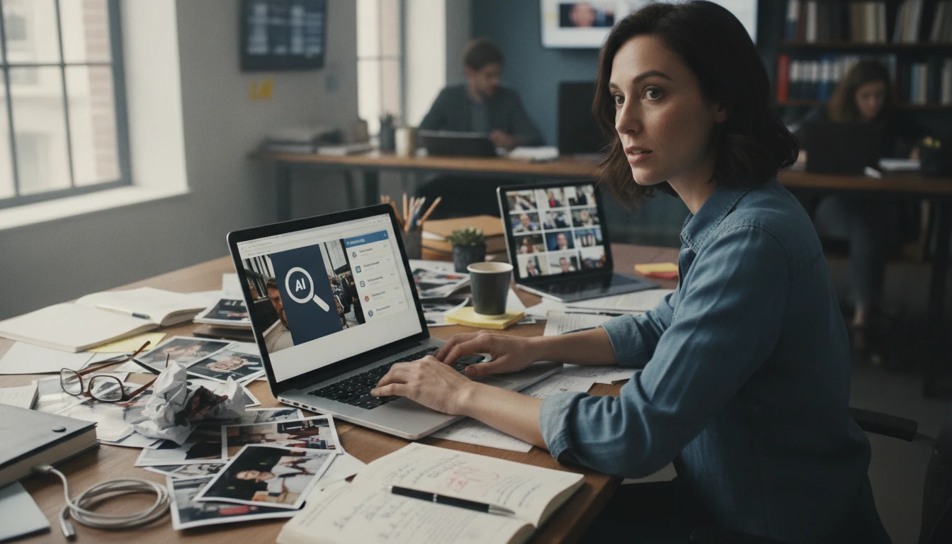 Journalist at a desk using an AI logo identifier to identify a brand from a press photo on a laptop