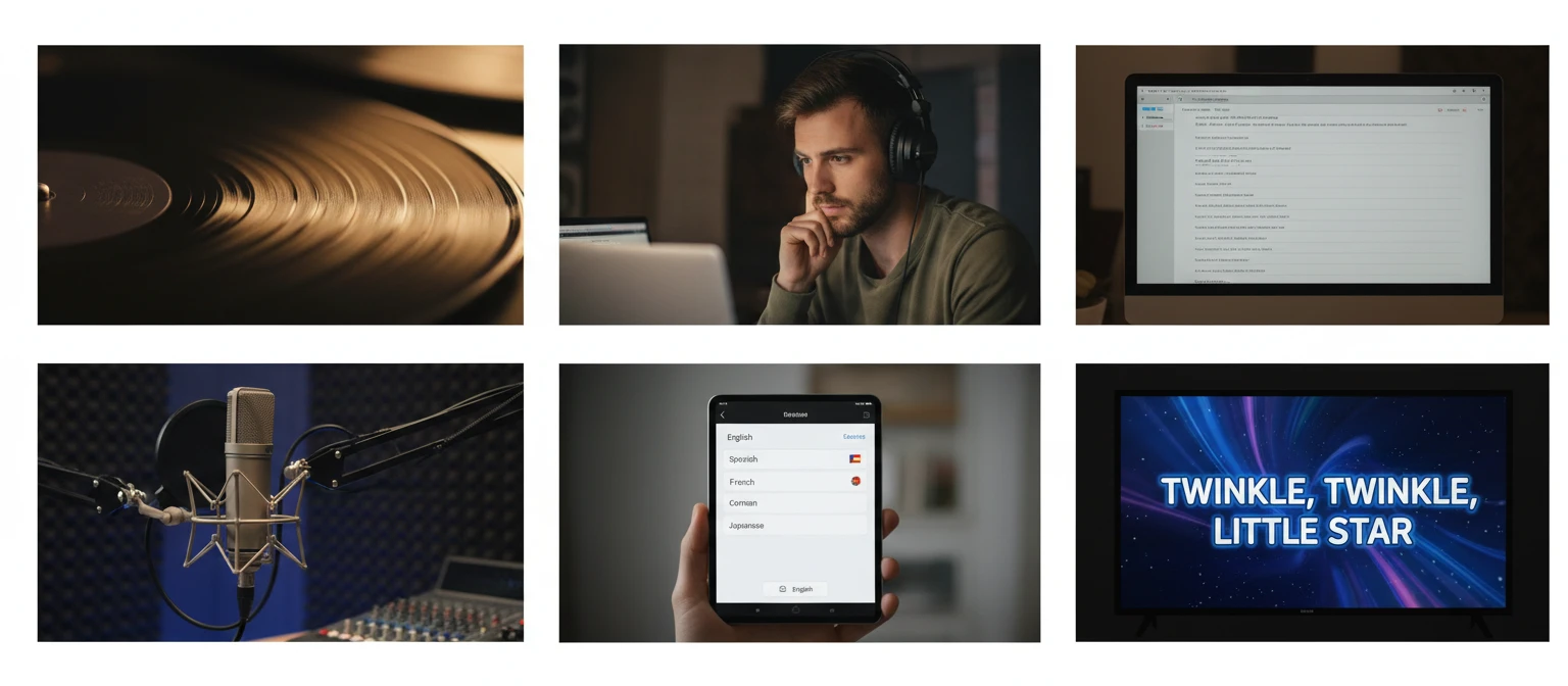 Wide editorial collage showing a vinyl record, a songwriter with headphones, a laptop with a lyrics transcript, a microphone, a language selection interface, and a karaoke screen