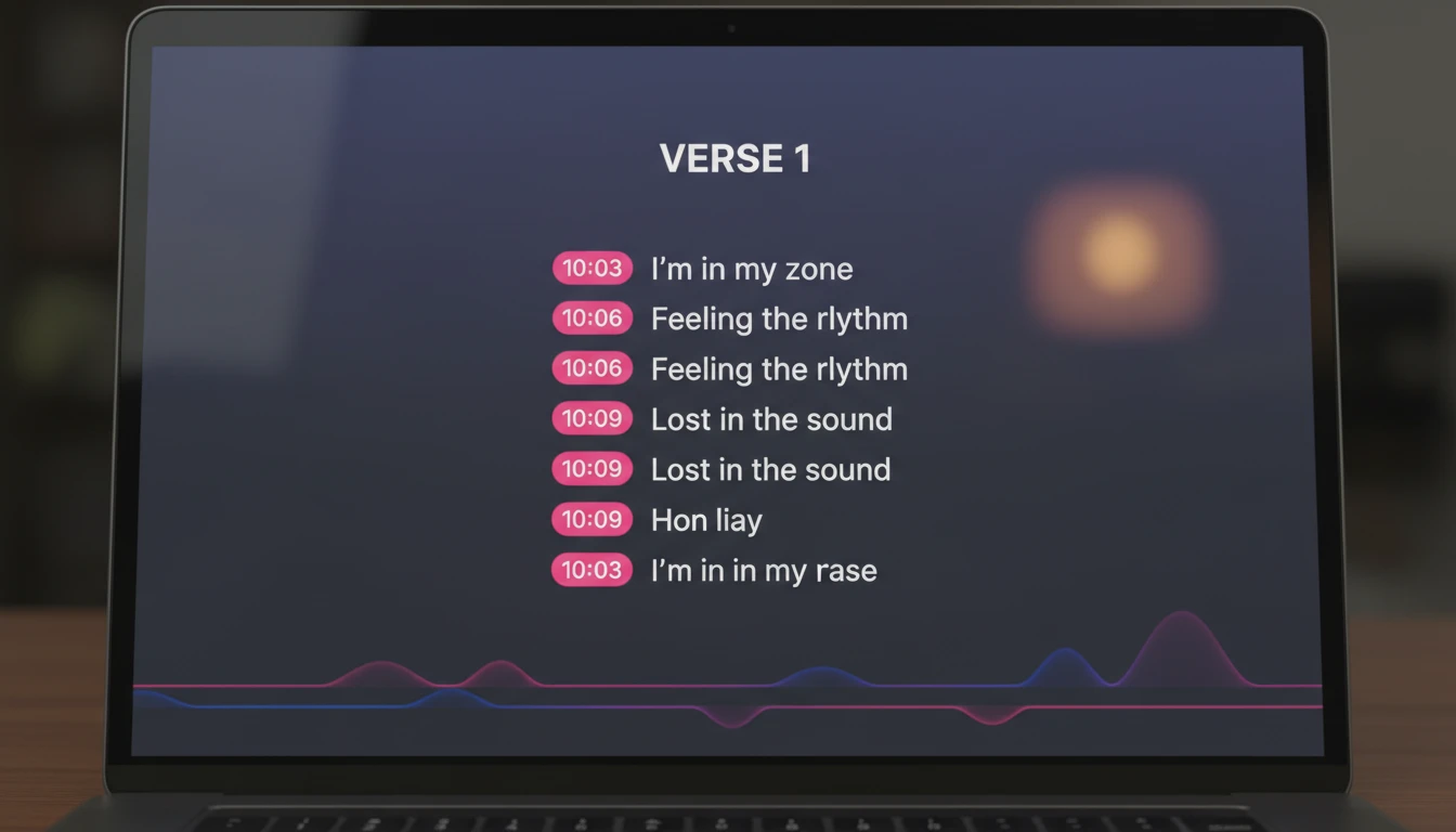 Lyrics transcript displayed on a screen with inline MM:SS timestamp markers beside each lyric line