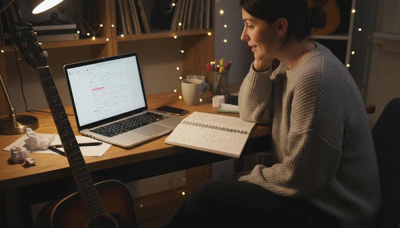 Songwriter studying extracted lyrics from a reference track on a laptop with a notebook beside them