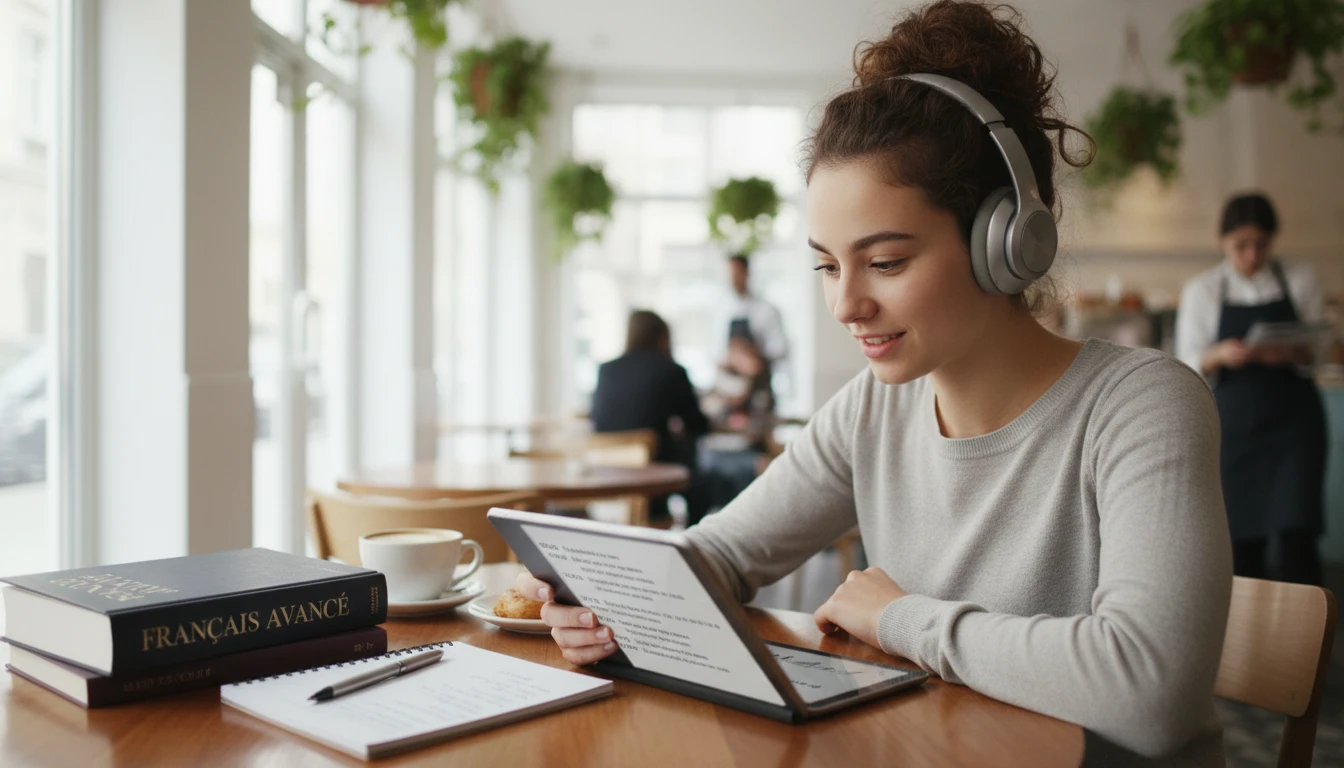 Language learner studying a foreign-language song transcript with timestamps on a tablet while listening