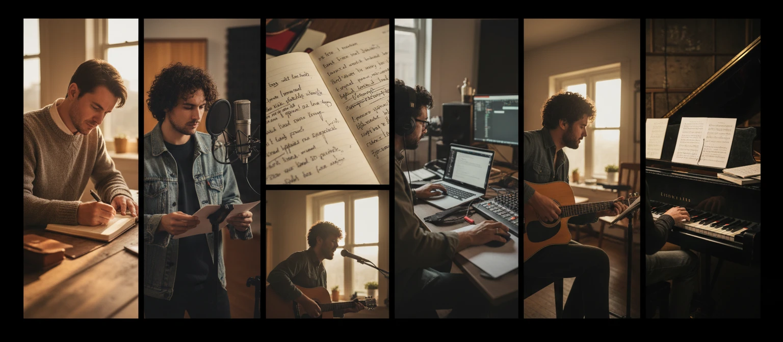 Wide editorial collage of songwriters, musicians, and producers working on lyrics in studios and home workspaces