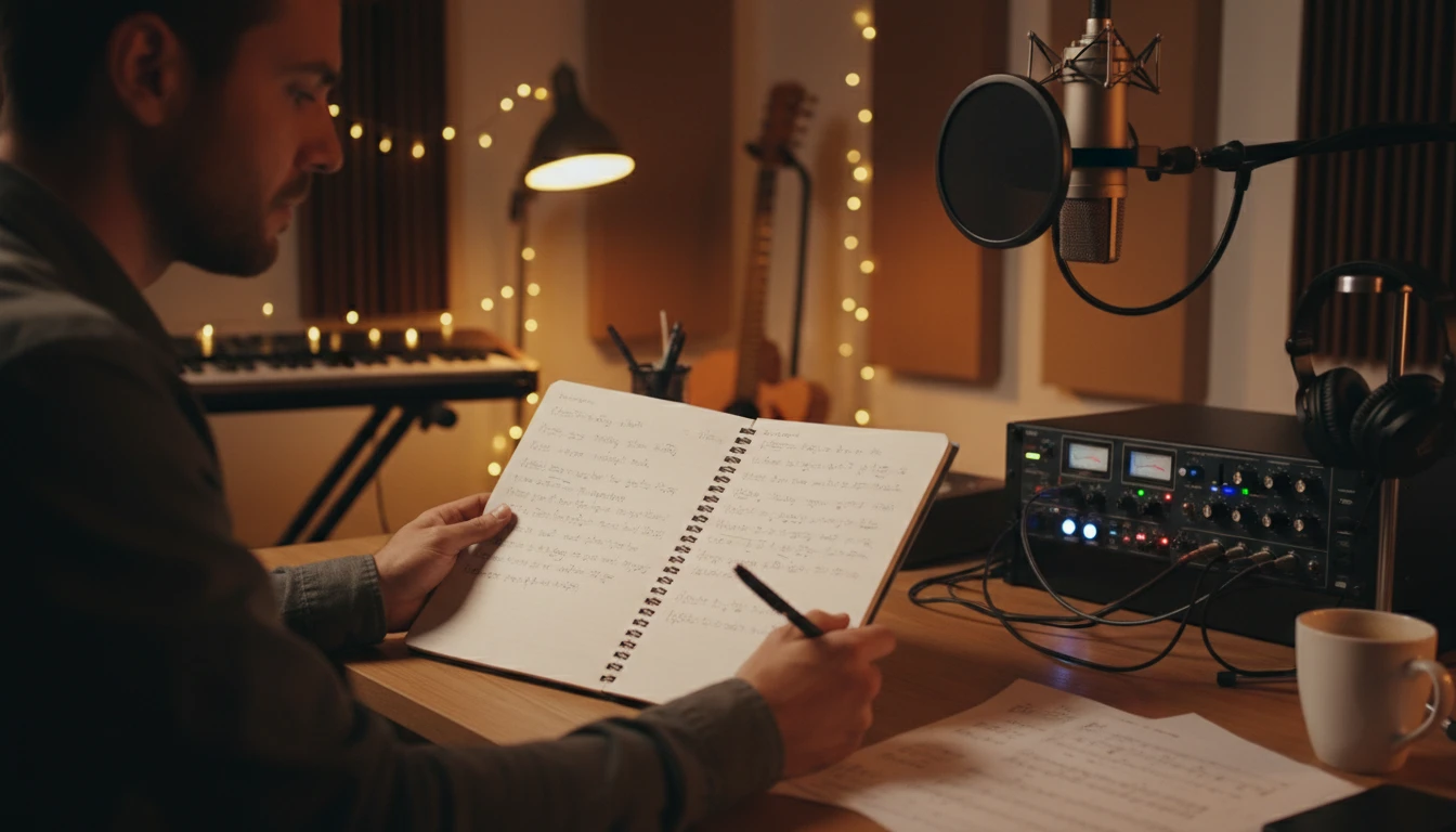 Musician reading a completed set of lyrics from a notebook before recording in a home studio