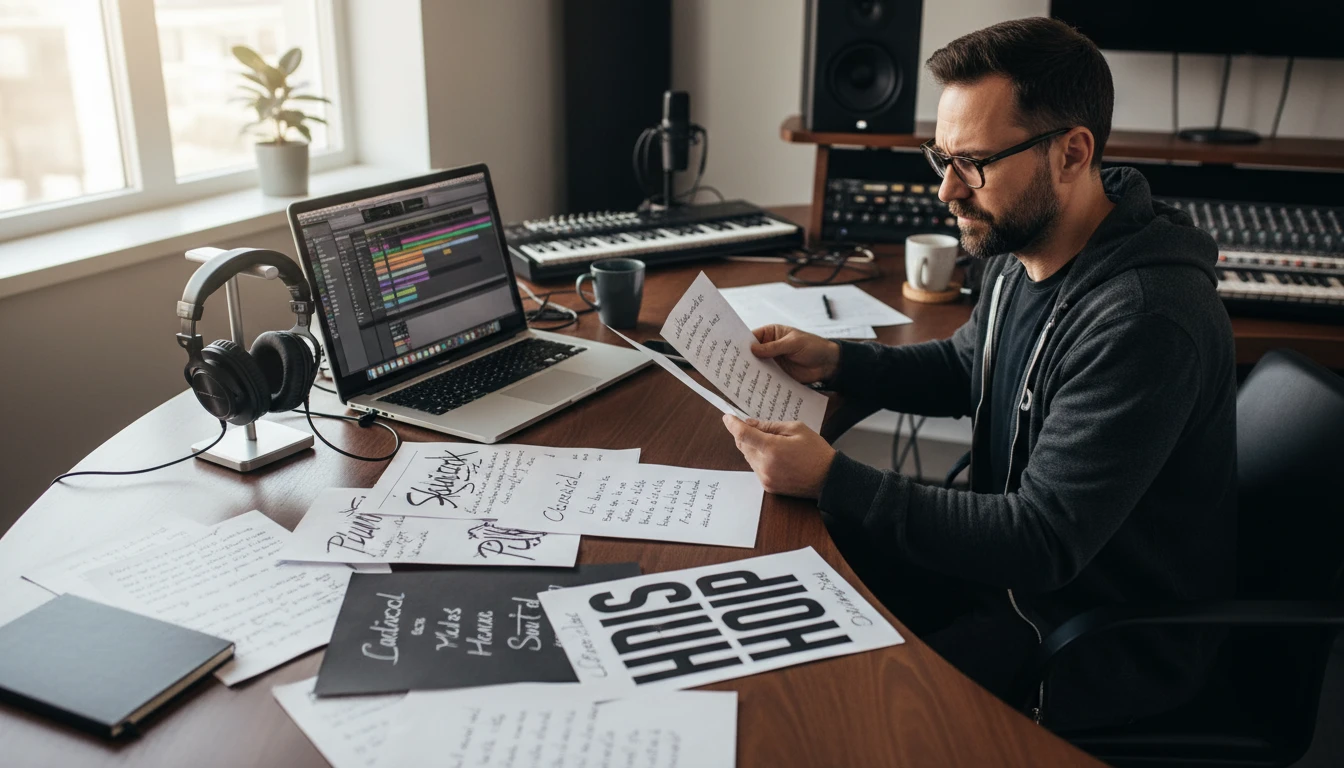 Music producer comparing lyrics written in different genre styles across several pages on a desk