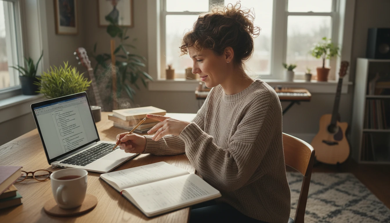 Songwriter reading craft notes alongside generated lyrics at a desk with a notebook and laptop