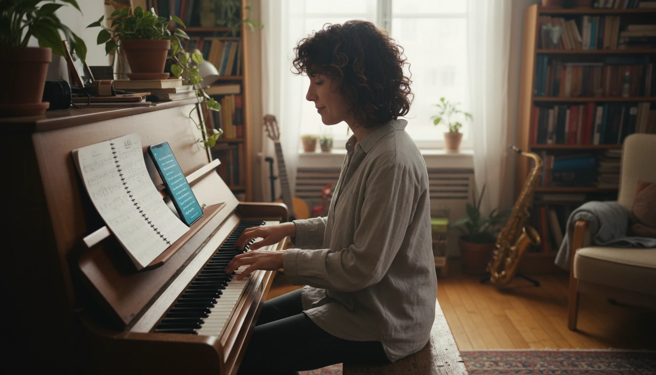 Musician at a piano playing a melody while reading generated lyrics from a phone on the music stand