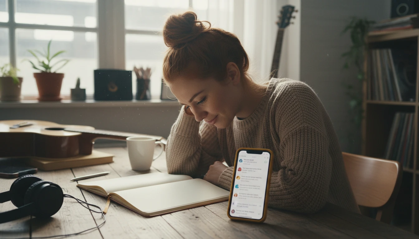 Songwriter staring at a blank notebook page at a desk, a phone with lyrics displayed nearby
