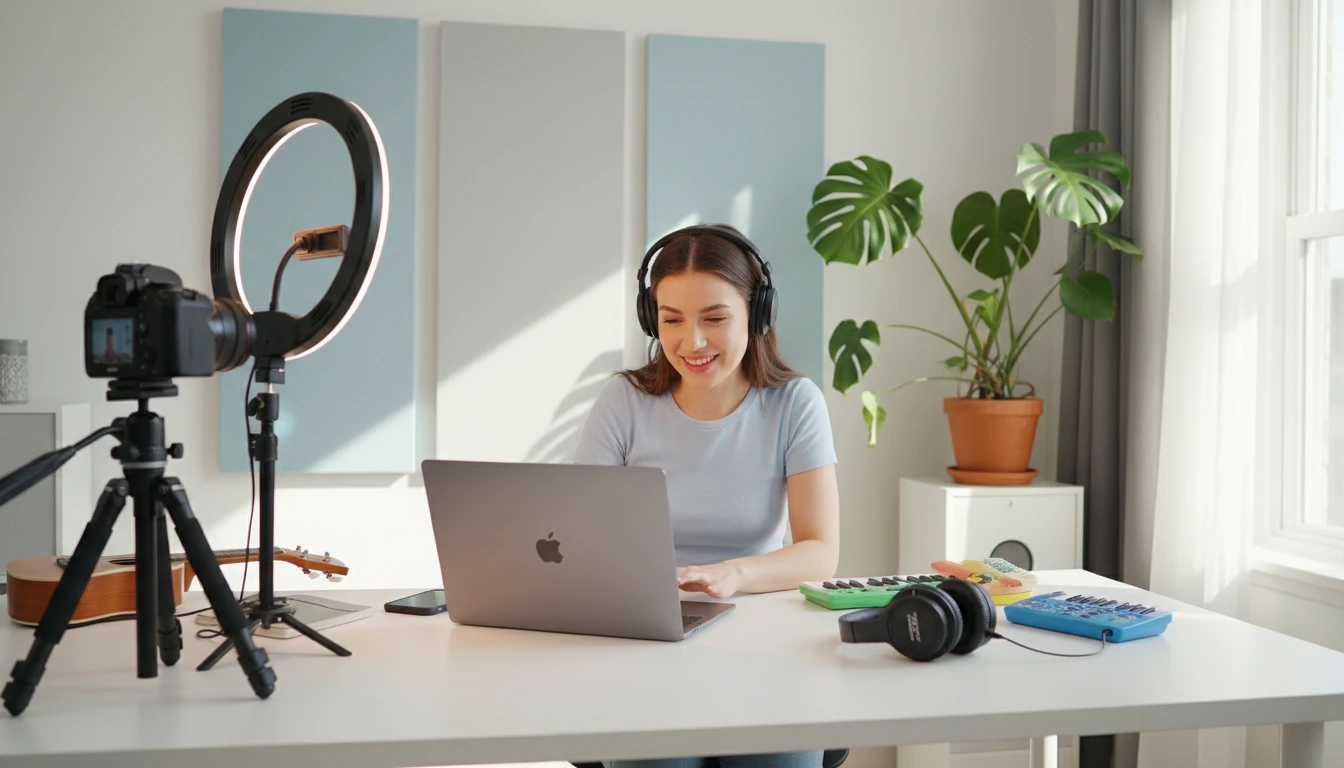 Content creator at a desk reading lyrics from a laptop to prepare for filming a music video