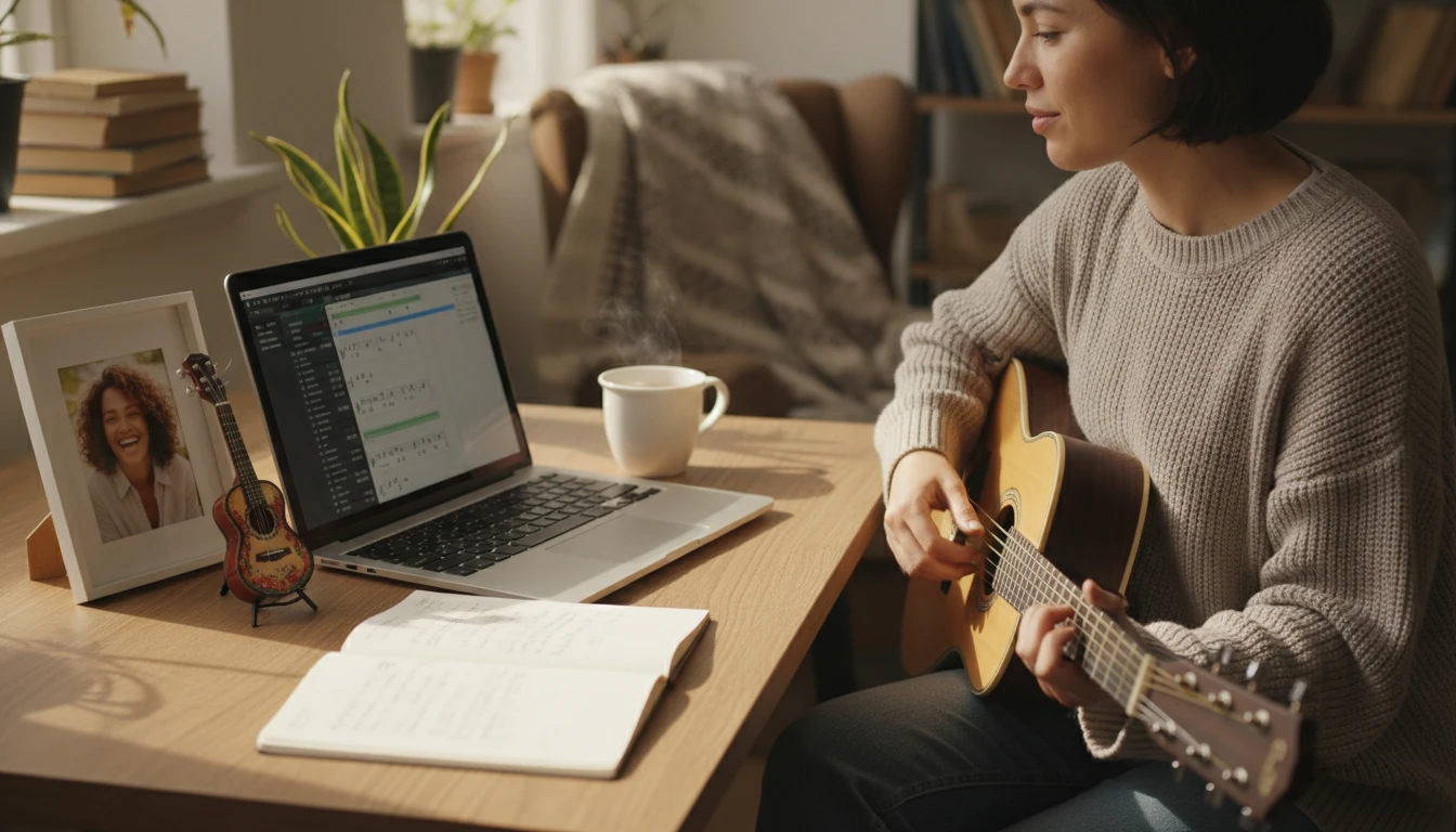 Person at a desk writing a personal song as a gift, a photo of the recipient and a guitar visible nearby