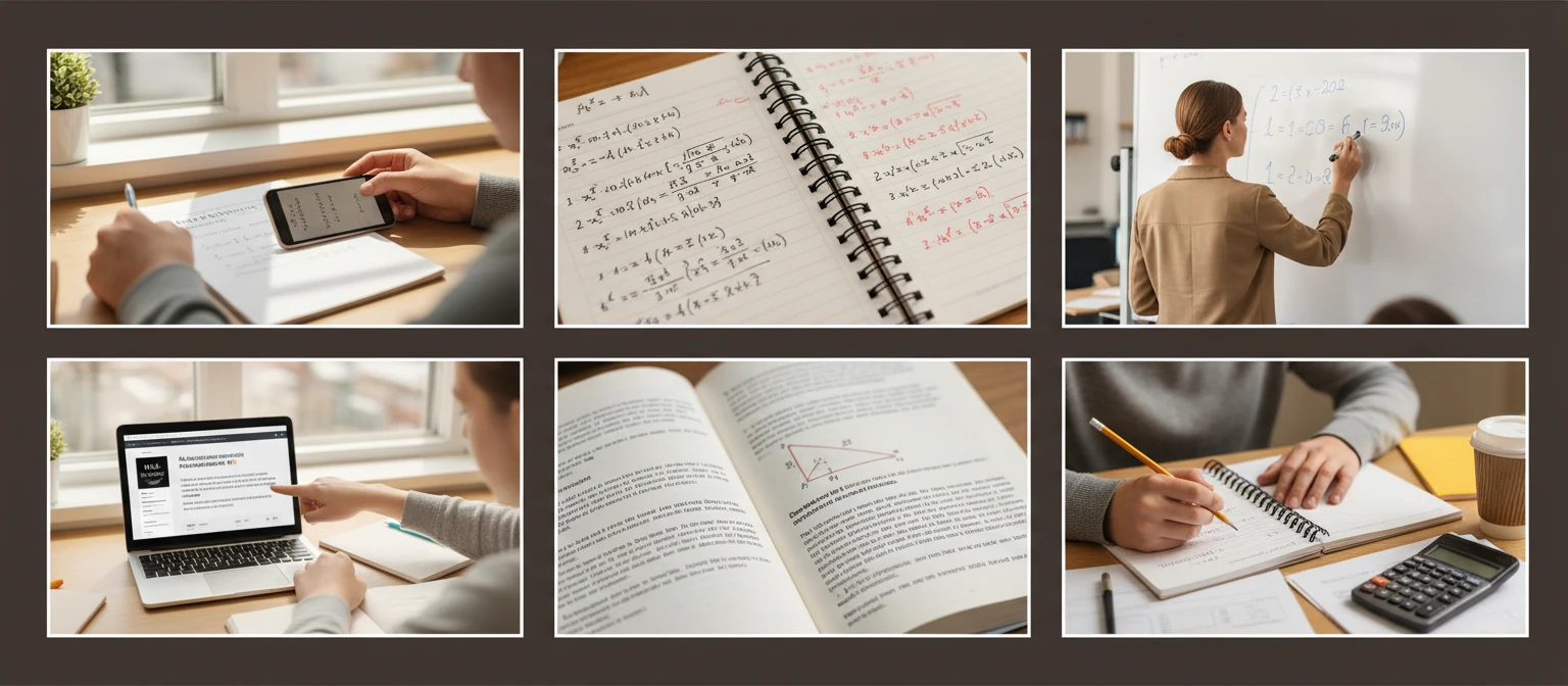 Wide editorial collage of students and teachers working with math problems in classrooms and study spaces