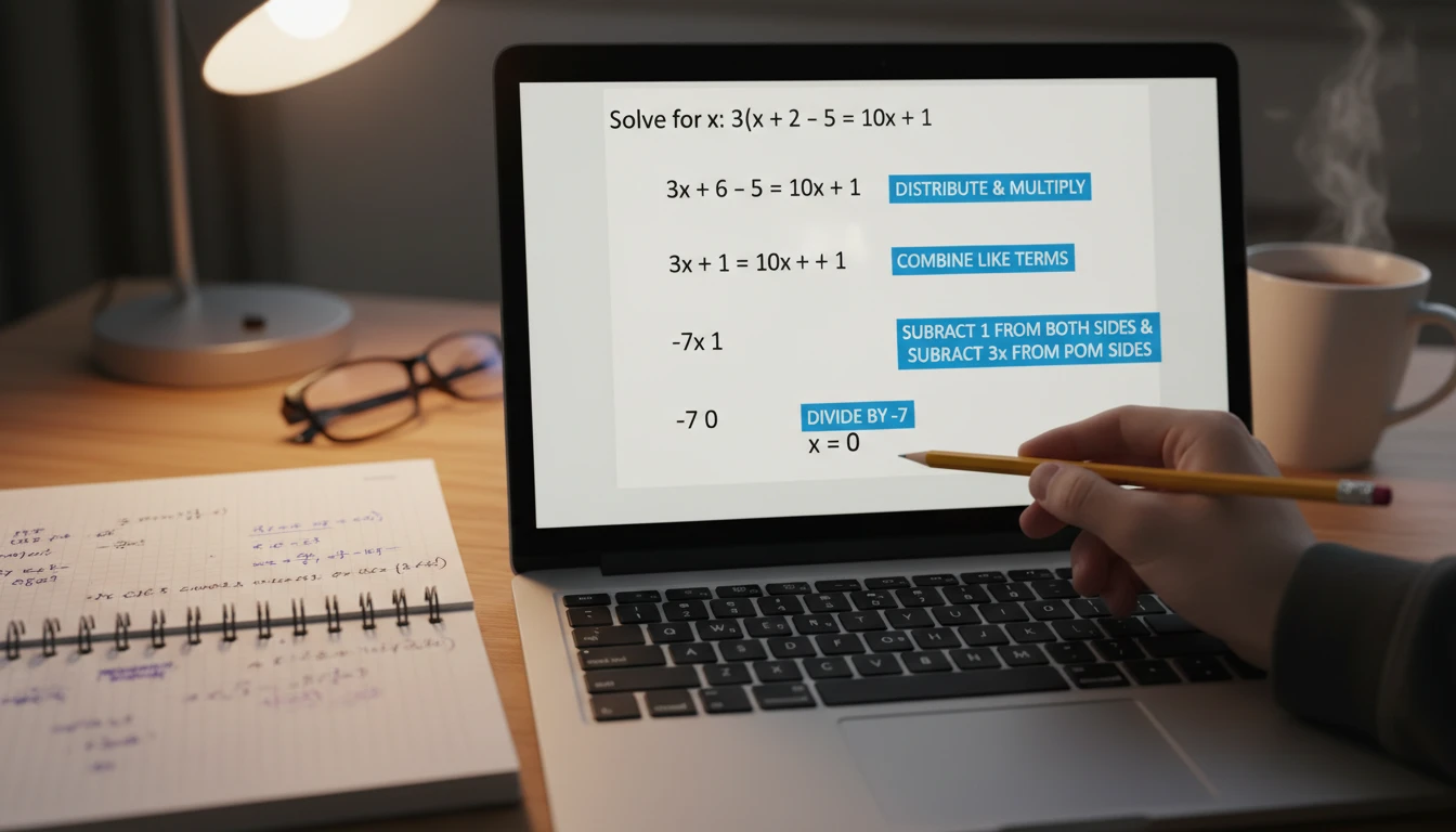 Close-up of a laptop screen showing a detailed step-by-step algebra solution with each operation labeled
