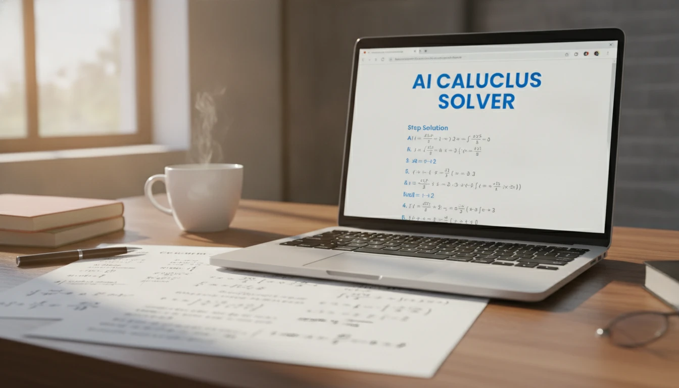 Phone camera pointed at a printed calculus worksheet, a solved version of the problem visible on a screen nearby