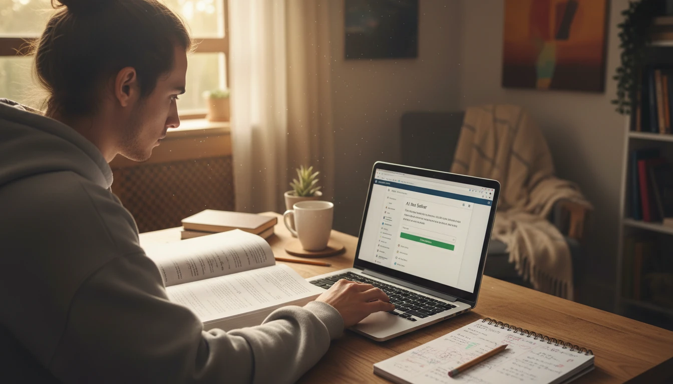 Student at a desk typing a stuck math problem into an AI solver on a laptop