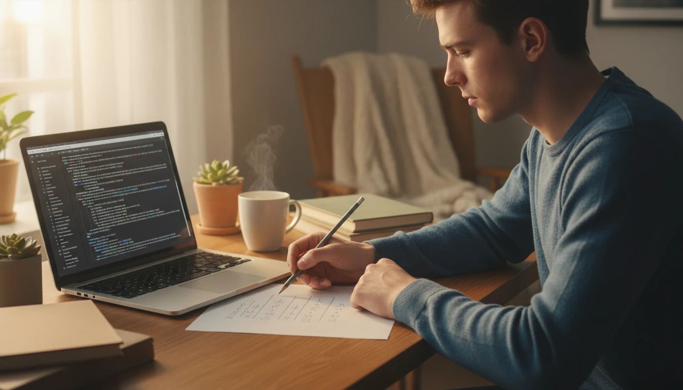 Student comparing their handwritten solution with an AI step-by-step solution on a laptop screen