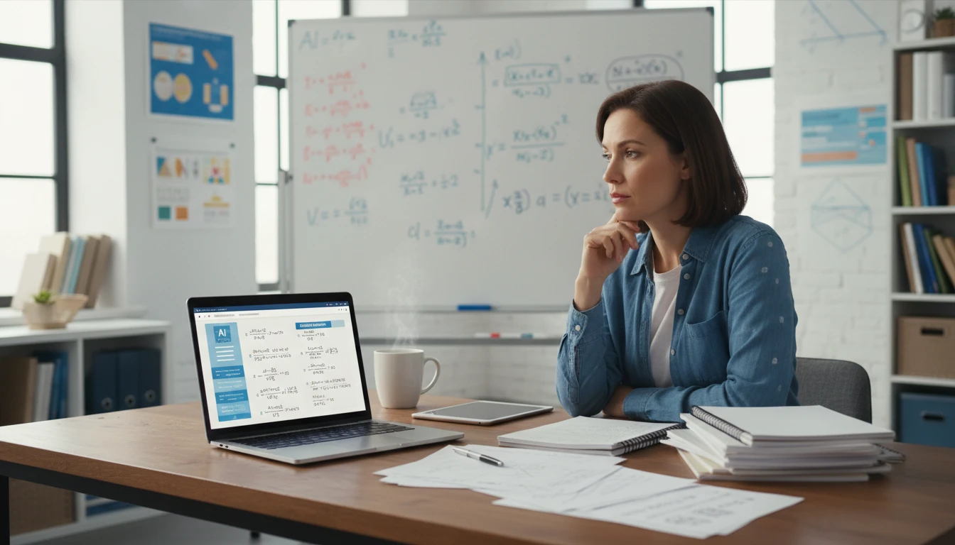 Teacher at a desk using an AI math solver to generate worked examples for a lesson on a laptop