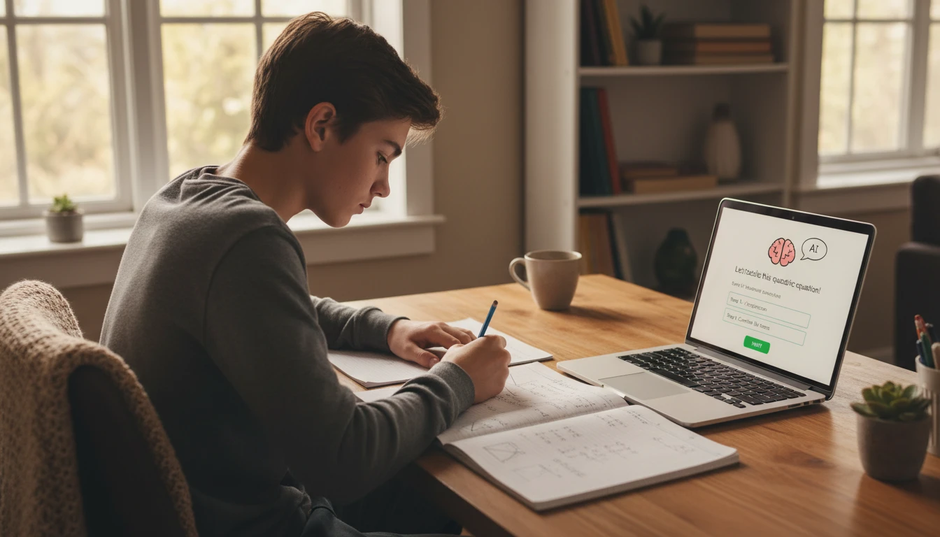 Student at a desk working through a math problem with a tutor session visible on a laptop screen