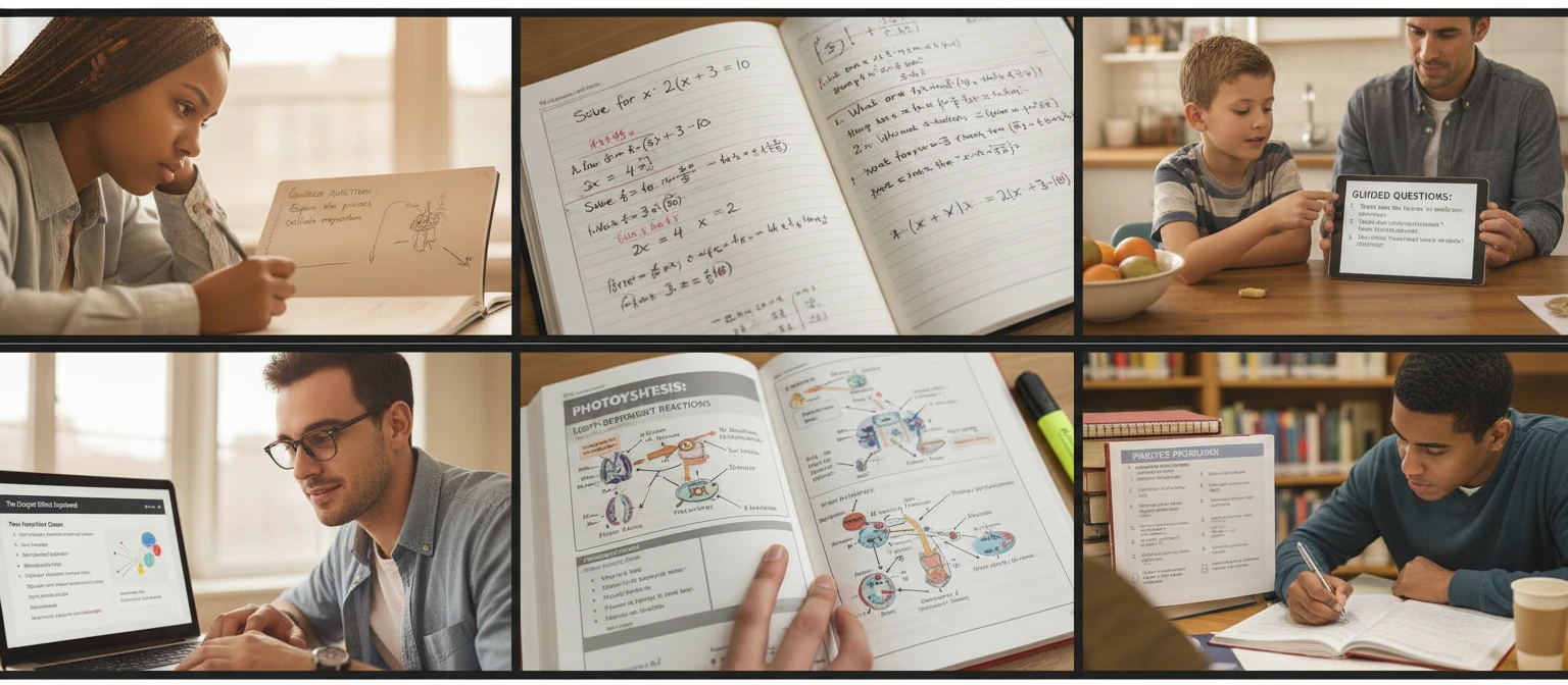 Wide editorial collage of students and tutors working through math problems using guided discovery in different study settings