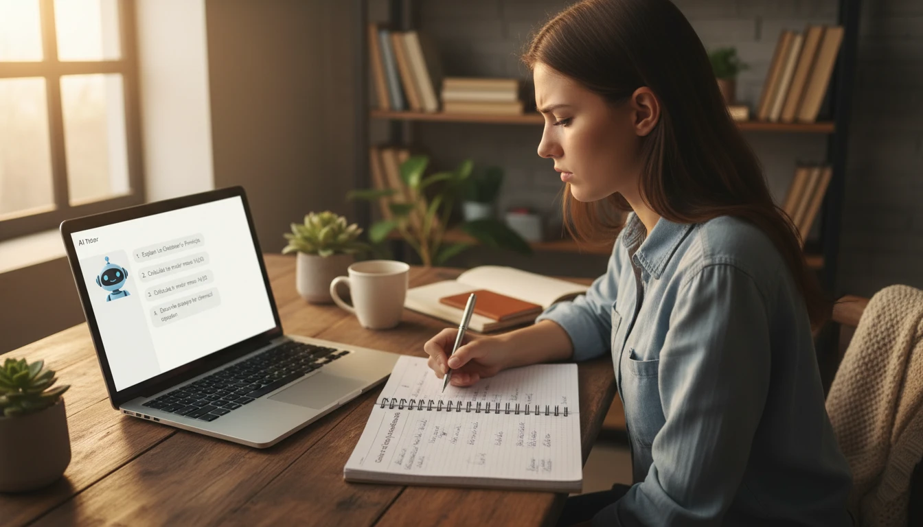 Student at a desk writing answers to tutoring questions in a notebook with a math problem visible on a laptop