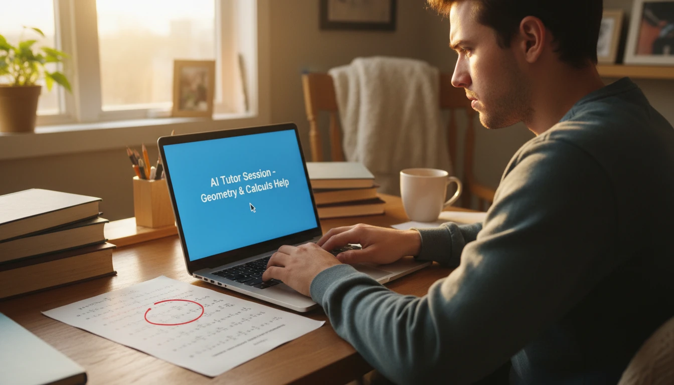 Student at a desk staring at an incorrect math answer, opening an AI tutor session on a laptop to understand what went wrong