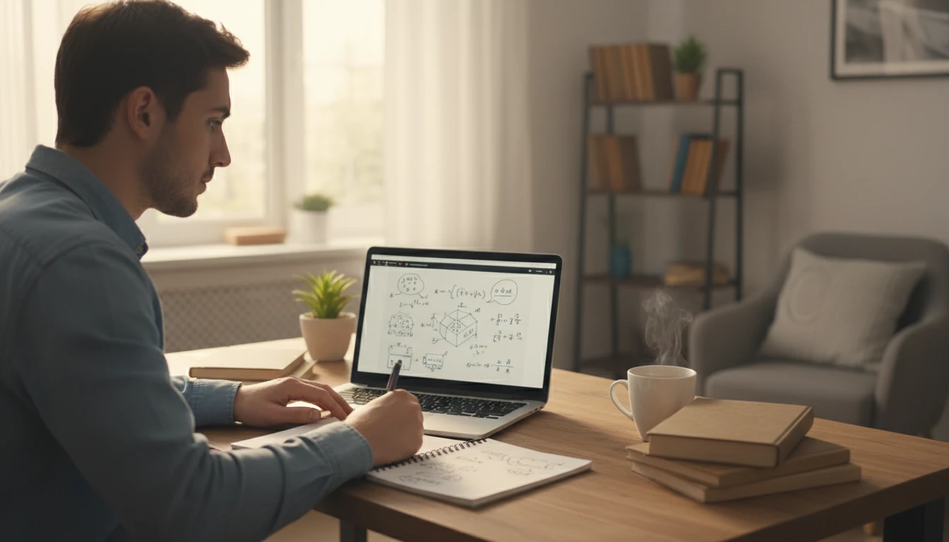 Student at a desk working through a conceptual math explanation on a laptop, writing down the key idea in a notebook