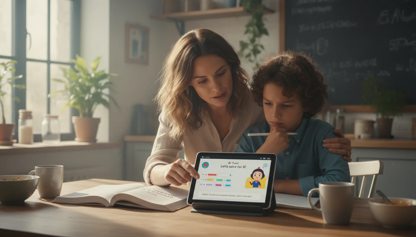 Parent and child at a kitchen table working through a math problem together using a tablet showing an AI tutor session