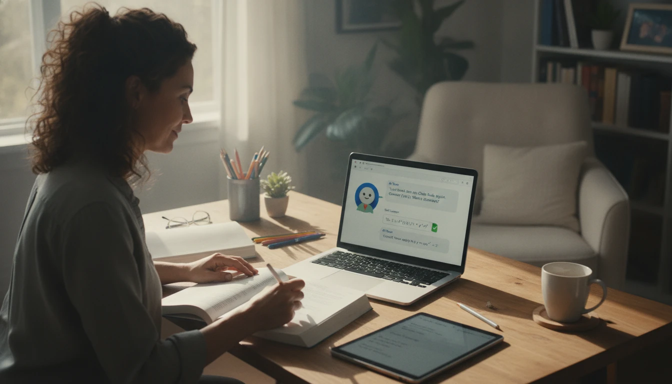Adult learner at a home desk using an AI math tutor on a laptop to study a new calculus concept independently