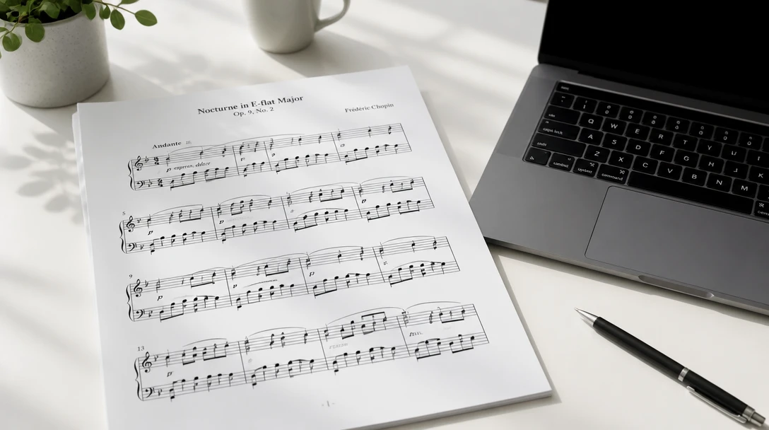 A printed piano score on a white desk beside a laptop