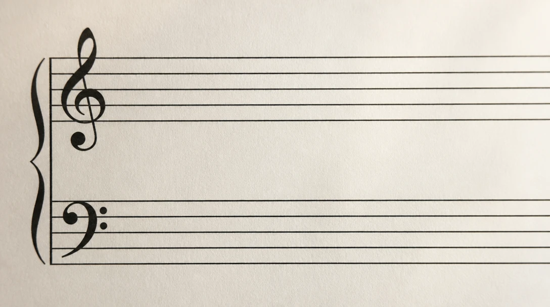 A grand staff with treble and bass clefs on cream paper