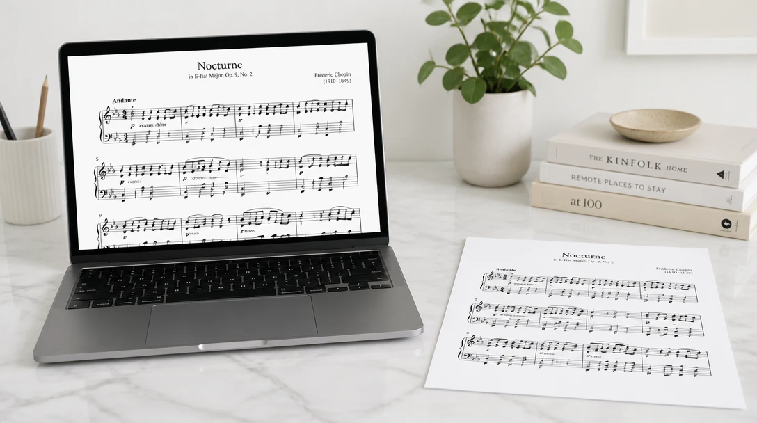 A laptop showing a music score next to a printed page