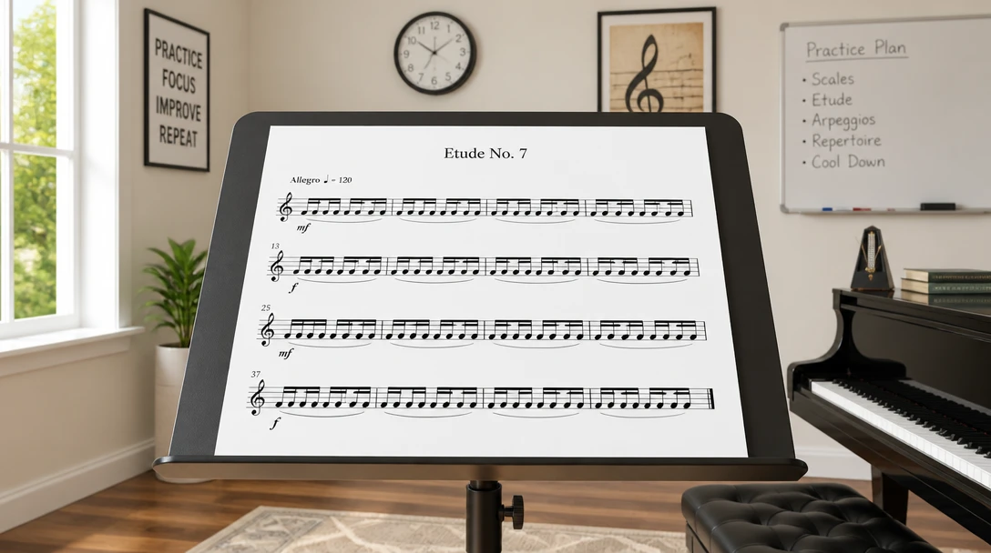 Sheet music with even sixteenth notes on a music stand