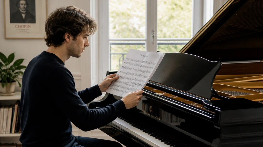 A pianist reading a freshly printed score