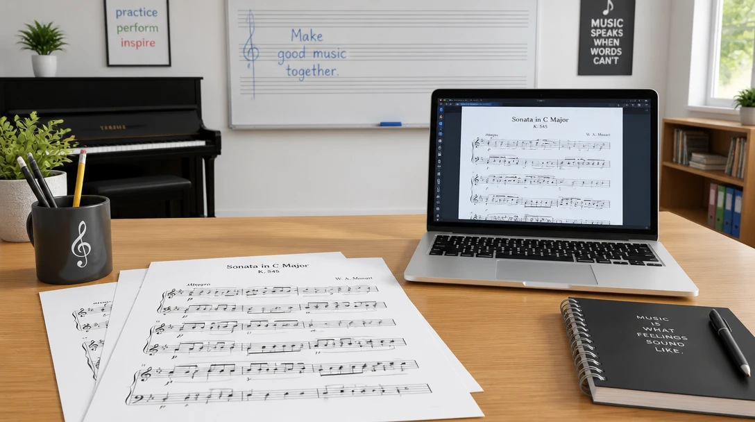 A music classroom desk with printed sheet music and a laptop