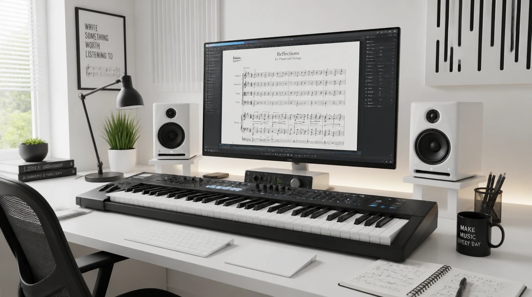 A composer workstation with a MIDI keyboard and sheet music on screen