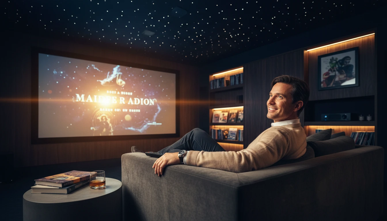Film enthusiast sitting in a cinema-inspired home room surrounded by movie posters looking at a phone