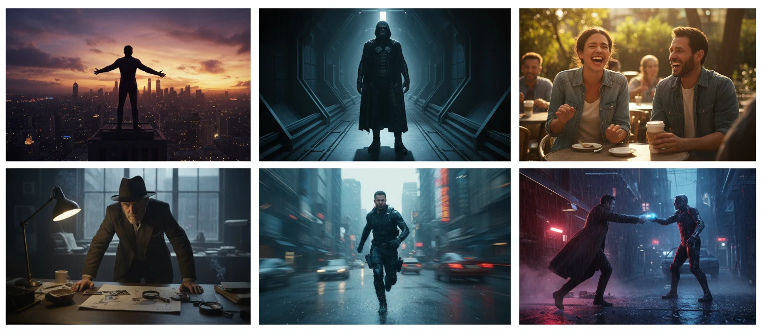 Cinematic collage of iconic movie scenes and character silhouettes from different film genres