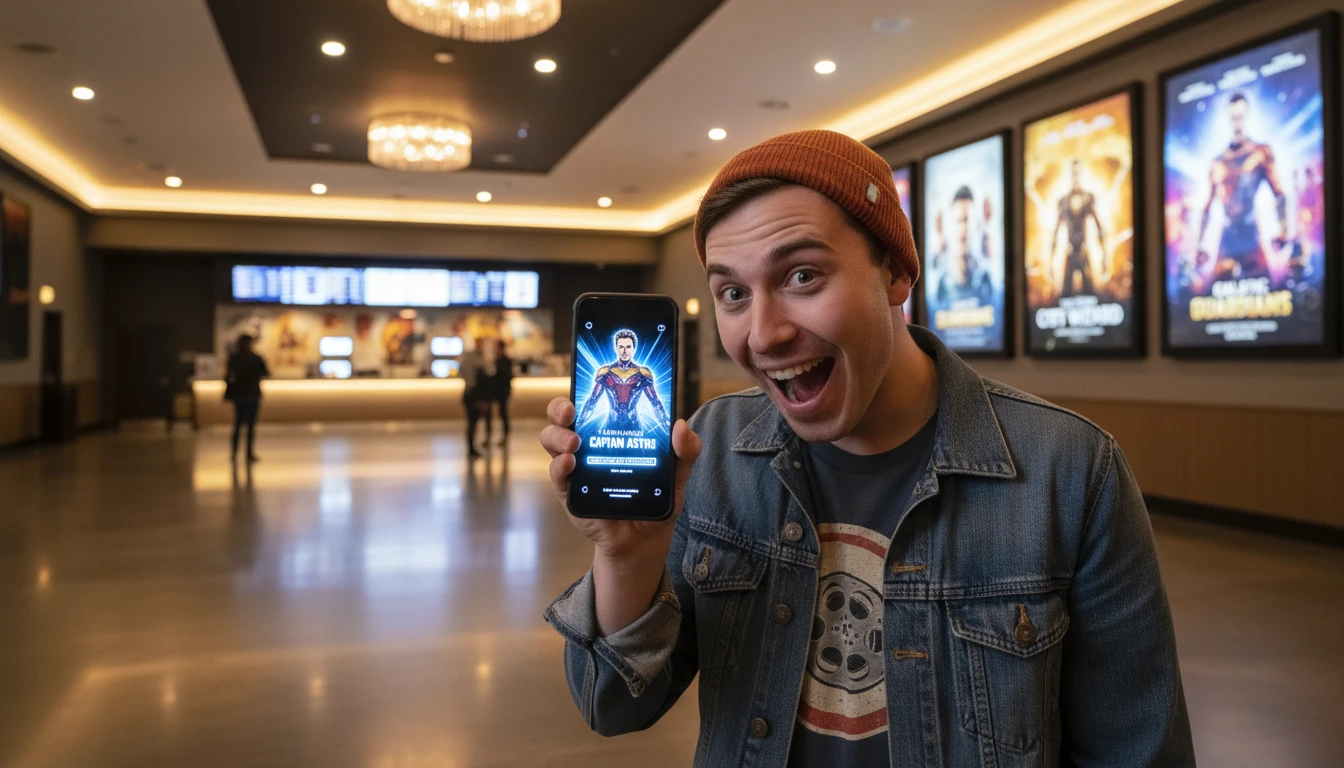 Film fan holding a phone showing a movie character identification result in a cinema lobby